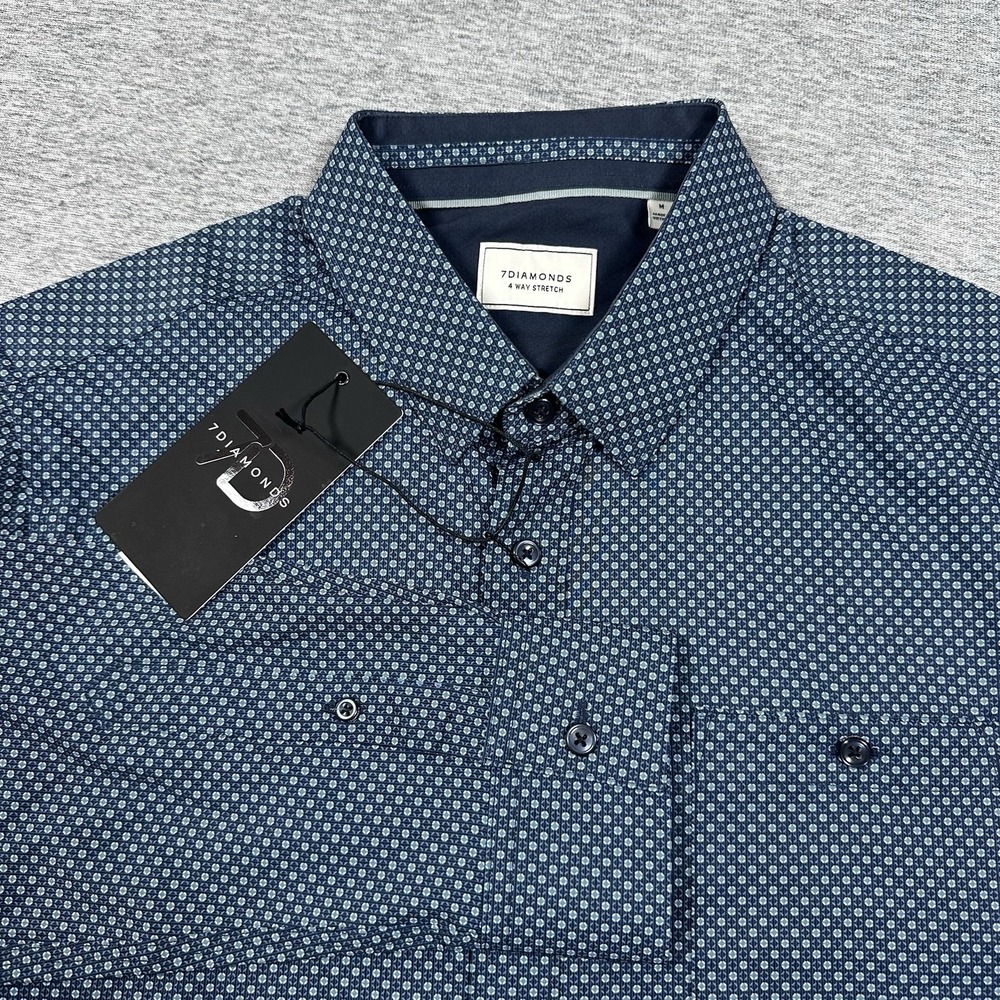 7 Diamonds Shirt Mens Medium Blue Geo 4 Way Stretch Long Sleeve Preppy NEW